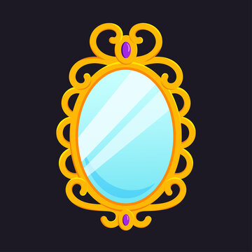 Magic mirror in cartoon style, vector illustration. Oval gold frame for game design. Fairy vintage mirror wich purple diamond. Isolated element on a black background, graphic template