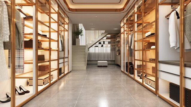 Luxurious Dressing Room Interior With Dresses, Jackets And Shoes In Closet.