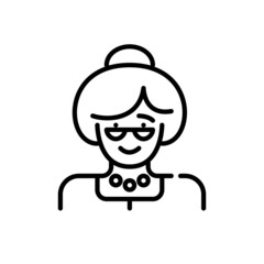 Elderly lady avatar. Grandmother wearing glasses with a head bun. Pixel perfect, editable stroke icon