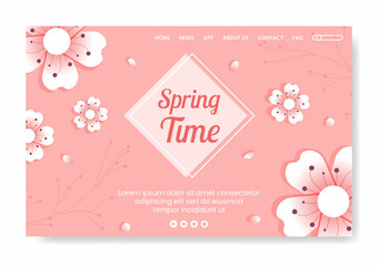 Spring with Blossom Sakura Flowers Landing Page Template Flat Illustration Editable of Square Background for Social Media or Greeting Card