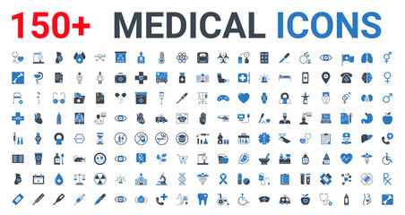 Medical Icons Set. Glyph Icons, Sign and Symbols in Flat Blue Design Medicine and Health Care with Elements for Mobile Concepts and Web Apps. Collection Modern Infographic Logo and Pictogram