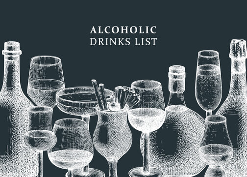 Vintage background with hand-sketched alcoholic drinks. Vector bottles and glasses hand-draw banner design. Alcoholic beverages template for bar or restaurant menu on chalkboard