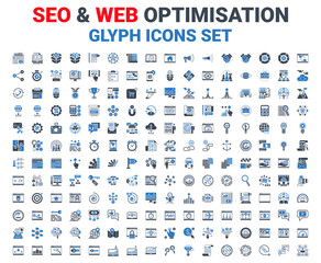 Fototapeta na wymiar SEO Glyph Icons Set. Glyph Blue Icons Set of Search Engine Optimization, Website and APP Design and Development. Simple Glyph Pictogram Pack. Logo Concept, Web Graphic