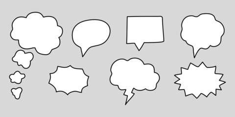 Set of speech bubbles isolated on a gray background, text frame, cloud message in a flat doodle style. Vector graphics