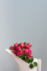 bouquet of pink roses isolated, garden's flowers are in a bailer, copy space, template for flower shop
