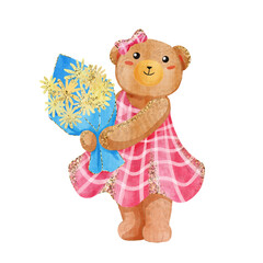 Watercolor girl teddy bear with floral bouquet for celebration holidays. Hand drawn art with gold glitter effect for wedding invitation, spring greeting card,  print, valentine's day, birthday.