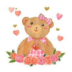 Watercolor illustration of girl teddy bear show heart and love for valentine day. hand drawing with gold glitter effect for print, book, greeting card, wedding, invitation, valentine day, spring.