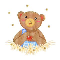 Watercolor illustration of boy teddy bear show heart and love for valentine day. hand drawing with gold glitter effect for print, book, greeting card, wedding, invitation, valentine day, spring.