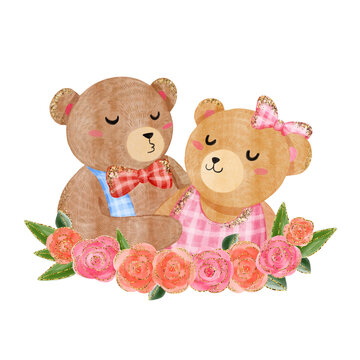 Sweet kiss teddy bear with roses watercolor illustration with gold glitter effect. Couple together celebrate valentine day. Animal art hand drawn isolated on white.