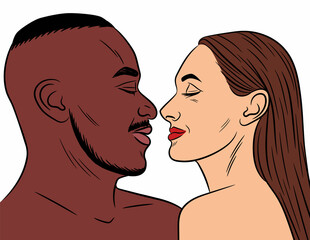 Color illustration of a couple in love isolated on a white background. Interracial family. An African American guy and a white European woman look at each other. Portraits of people in profile.