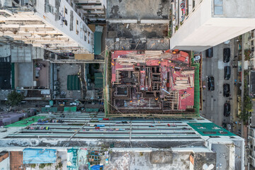Amazing top view of messy rooftop of old residence building in Hong Kong