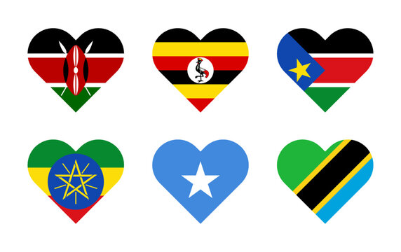 heart icon set. kenya, uganda, south sudan, ethiopia, somalia and tanzania flags. vector illustration isolated on white background