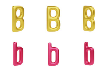 Gold and red Letter B on white background. Uppercase and lowercase. 3d render illustration
