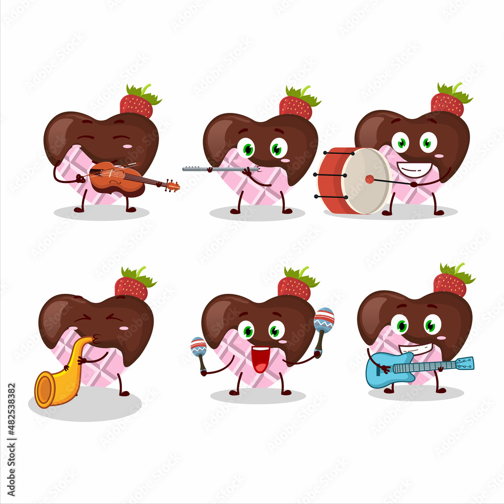 Poster Cartoon character of strawberry chocolate love playing some musical instruments