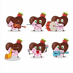 Cartoon character of strawberry chocolate love playing some musical instruments