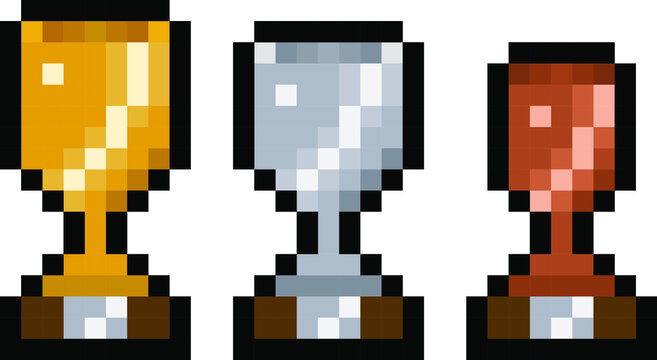 Pixel golden, silver and bronze trophy pack - isolated vector