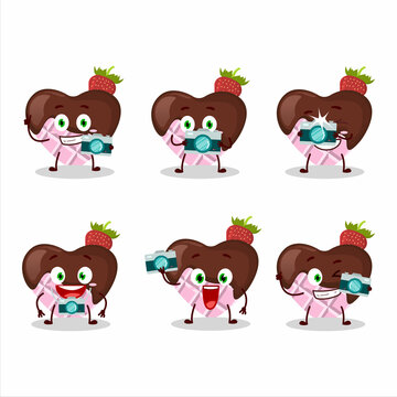 Photographer profession emoticon with strawberry chocolate love cartoon character