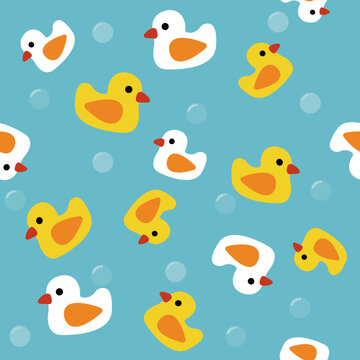 seamless pattern of little duck yellow and little duck white on bright blue background. 