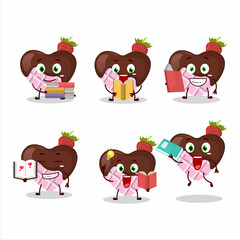 A picture of strawberry chocolate love cartoon character concept reading an amusing book