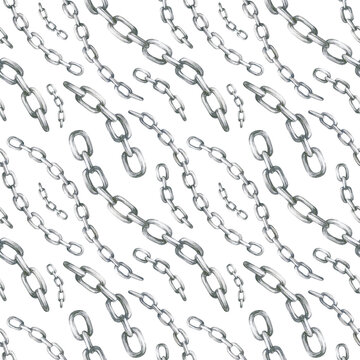 Watercolor seamless pattern with vintage silver chains on white background.
