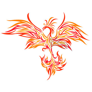 Bird silhouette - Firebird painted in red and orange color, drawn with different lines.Design for Phoenix bird logo, tattoo, mascot, symbol, emblem, keychain, print on clothes. Vector isolated illustr