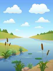 Cartoon river or lake and reeds, other freshwater plants with clouds он blue sky. Vertical natural landscape waterside background