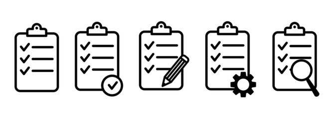 Clipboard icon. Checklist with gear, checkmarks, magnifier and pencil. Quality check line sign. Check List flat line icon. Form icon. Clipboard with gear technical support check list EPS 10 - obrazy, fototapety, plakaty