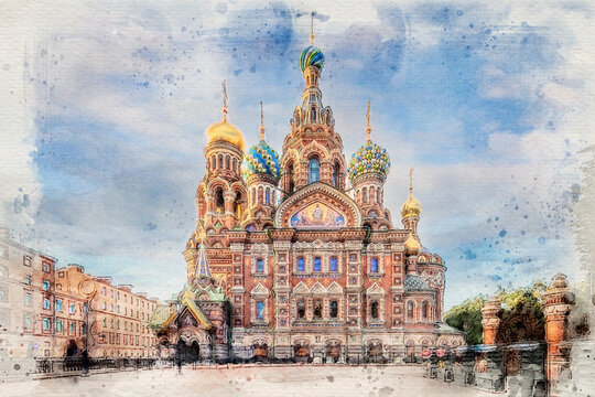 The church of Savior on Spilled Blood (Resurrection of Christ cathedral) and Griboedov Canal at Saint Petersburg, Russia. Retro style postcard. Stylized watercolor sketch painting.