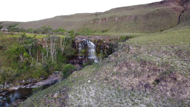Aerial shot of the Quebrada Pacheco waterfall, located in the Gran Sabana in Venezuela