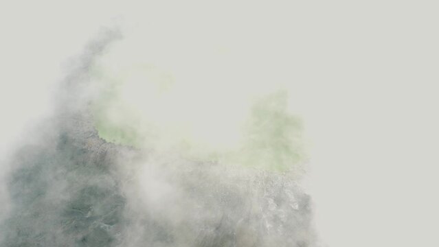 Aerial view of dense cloud cover over the crater and lake of El Chichonal volcano in Chiapas, Mexico casting a shadow.