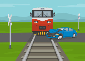 Safety car driving rules. Train rams into a car at railway crossing. Car accident with train scene. Level crossing without barriers. Flat vector illustration template.