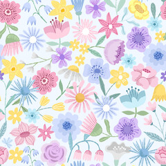 Fototapeta na wymiar Spring hand drawn flower seamless pattern. Spring floral background