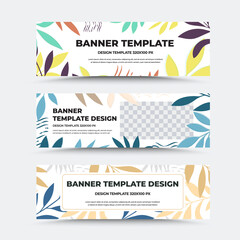 Vector banner template, white background with colorful illustration, tropical leaves, twigs, place for text, photo.