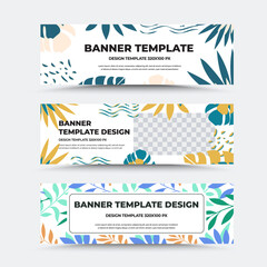 Vector banner template with colorful design, tropical leaves, twigs, abstract elements, with a plate in the center, left.