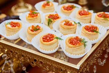 Snack at the buffet at the event. An assortment of snacks on a tray. Banquet service, restaurant on the road. Food, snacks with meat, ham, bread and tomatoes, seafood snacks, salmon, ham, caviar