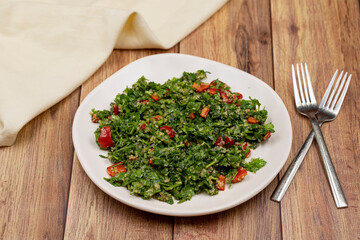 Raw ingredients cooking salad tabouli horizontal view. Healthy food