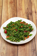 Raw ingredients cooking salad tabouli horizontal view. Healthy food
