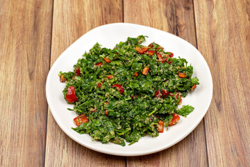 Raw ingredients cooking salad tabouli horizontal view. Healthy food