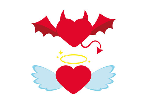 Angel and devil or demon red heart icon set isolated on white background. Heart with horns, tail, wings and halo. Flat design simple clip art vector illustration.