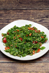 Raw ingredients cooking salad tabouli horizontal view. Healthy food