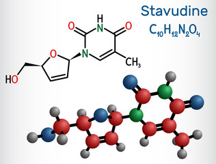 Stavudine, d4T molecule. It is dideoxynucleoside used in the treatment of HIV infection and acquired immunodeficiency syndrome AIDS. Structural chemical formula and molecule model