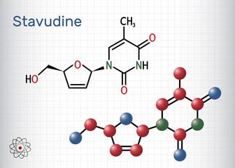 Stavudine, d4T molecule. It is dideoxynucleoside used in the treatment of HIV infection and acquired immunodeficiency syndrome. Sheet of paper in a cage. Vector illustration