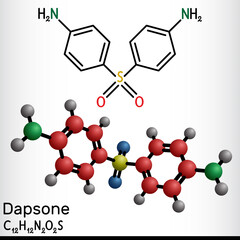 Dapsone, diaminodiphenyl sulfone, DDS molecule. It is sulfone antibiotic for the treatment of leprosy and dermatitis herpetiformis. Structural chemical formula, molecule model