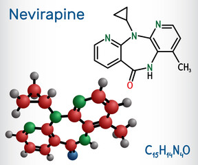 Nevirapine molecule. It is used to treat human immunodeficiency virus (HIV) infection and acquired immune deficiency syndrome (AIDS). Structural chemical formula, molecule model.