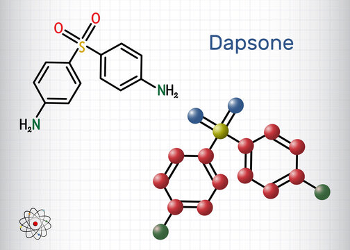 Dapsone, diaminodiphenyl sulfone, DDS molecule. It is sulfone antibiotic for the treatment of leprosy. Structural chemical formula, molecule model. Sheet of paper in a cage