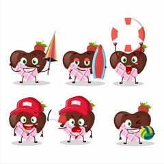 Happy Face strawberry chocolate love cartoon character playing on a beach