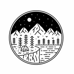 design of camping nature, mountains, sea, cliffs in mono line art, patch badge design, emblem design, T-Shirt Design
