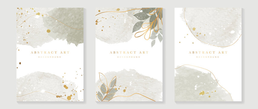 Abstract art background vector. Luxury invitation card background with golden line art flower and botanical leaves, Organic shapes, Watercolor. Vector invite design for wedding and vip cover template.