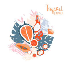 Tropical fruits and jungle leaves composition. Bright and juicy elements in simple elegant style.
