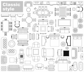 Floor plan collection of furniture and equipment top view for house or apartment plan. Interior icons set for bathrooms and living room, kitchen and bedroom. Vector illustration